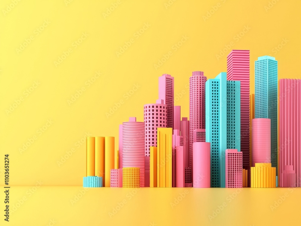 Obraz premium A vibrant, colorful cityscape made of pink, blue, and yellow geometric shapes against a bright yellow background. 3D style.