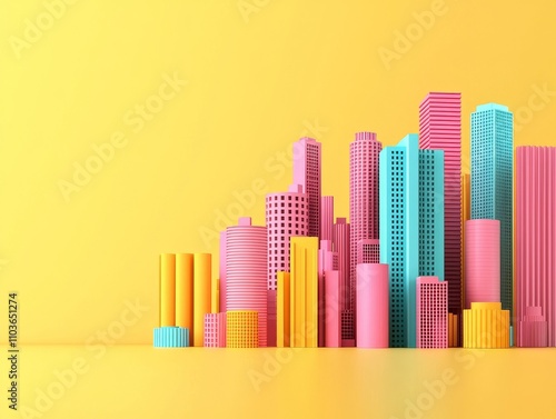 A vibrant, colorful cityscape made of pink, blue, and yellow geometric shapes against a bright yellow background. 3D style.