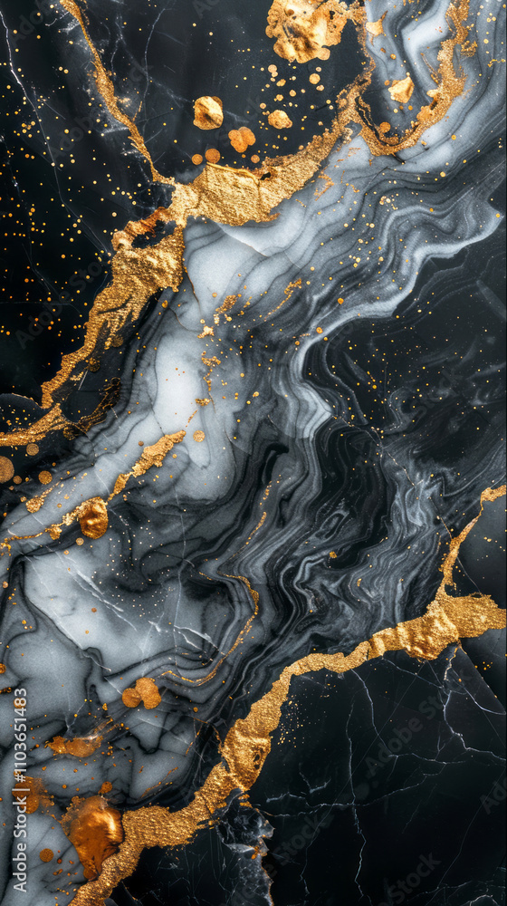 Obraz premium Black and white marble with gold accents forms a flowing fluid abstraction against a black background with golden splashes.