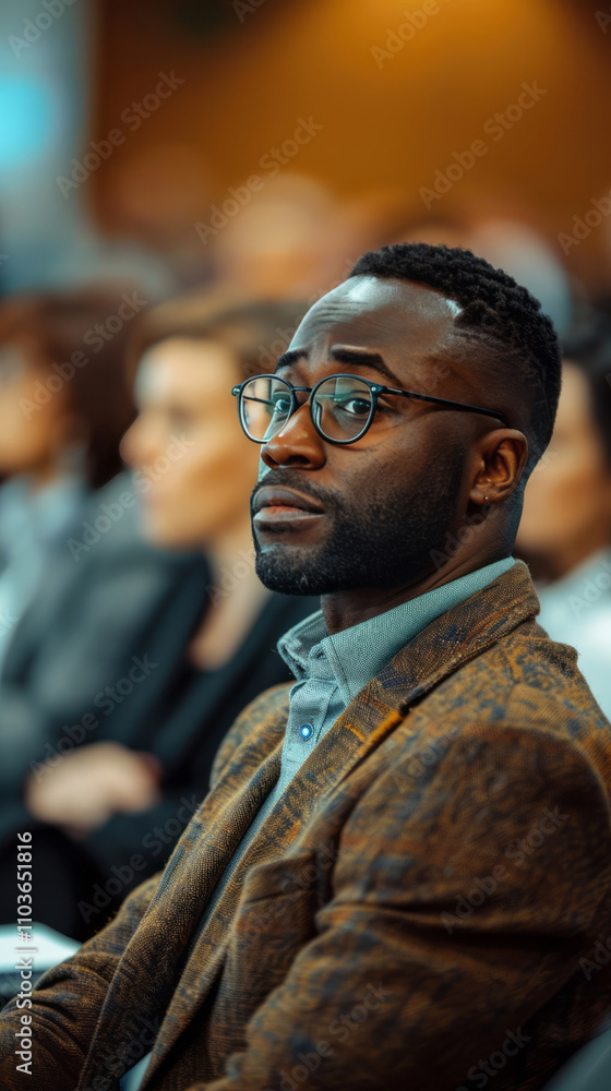 A diverse group of business professionals in the audience, attentively watching and listening to presenters at the conference hall. A diverse group of business professionals in the audience, attentively watching and listening to presenters at the conference hall.