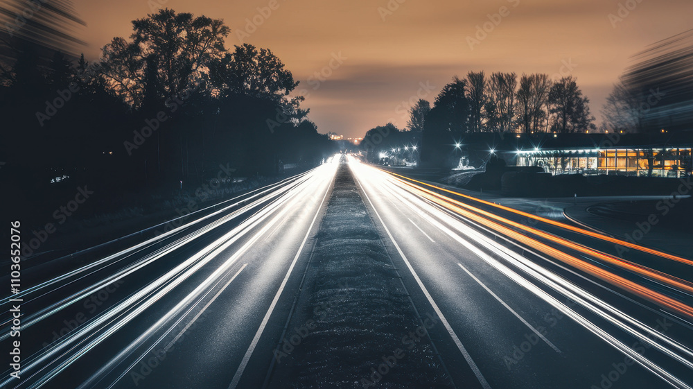 A long exposure shot capturing the dynamic movement of vehicle lights on a highway at dusk, showcasing a blend of blue and orange hues. A long exposure shot capturing the dynamic movement of vehicle lights on a highway at dusk, showcasing a blend of blue and orange hues.