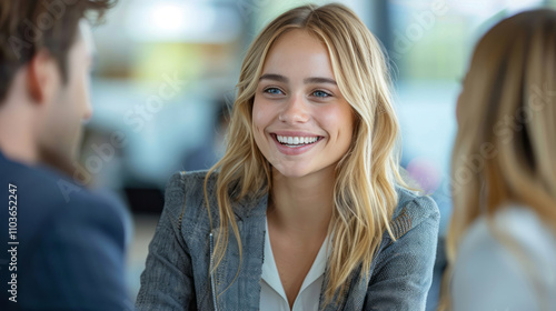 A woman in her late thirties smiling and talking to two other people during an interview at the office, wearing business attire.