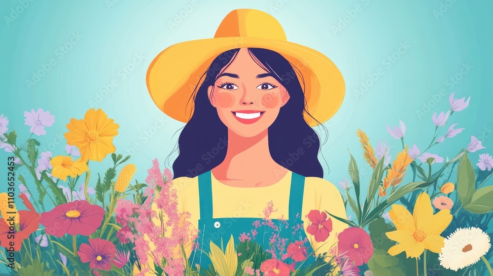 Joyful woman in vibrant hat surrounded by an array of colorful flowers in a serene garden setting, exuding warmth and happiness. Joyful woman in vibrant hat surrounded by an array of colorful flowers in a serene garden setting, exuding warmth and happiness.