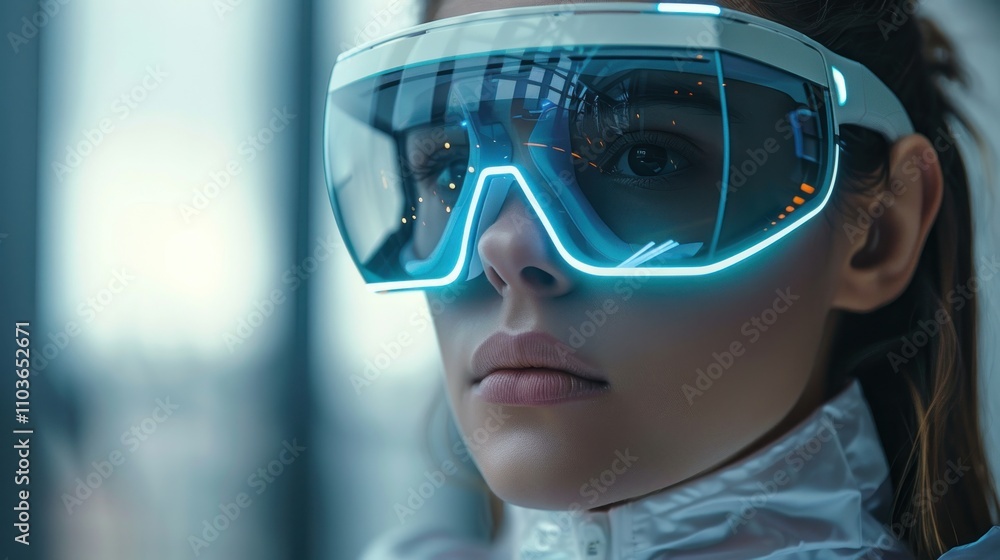 A close-up of a person wearing futuristic augmented reality glasses. A close-up of a person wearing futuristic augmented reality glasses.