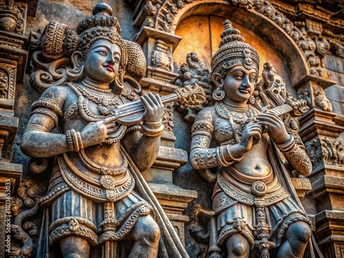 Intricate Statues of Dancing Musicians at Hoysaleswara Temple in Halebidu, Karnataka - Captivating Details in Bluish Stone Against Brown Background photo