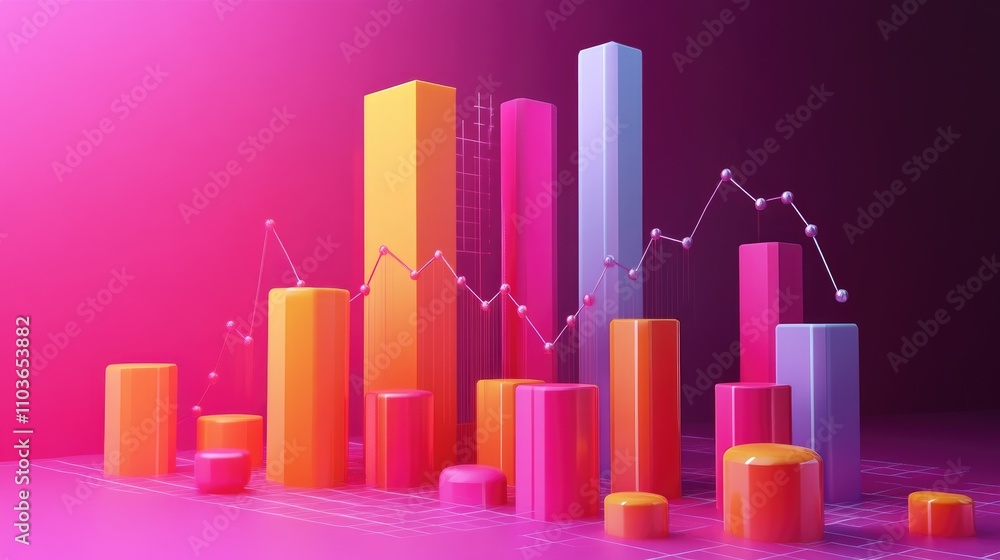 3D illustration of a vibrant business growth graph with colorful bars and a rising curve representing data analysis and success trends 3D illustration of a vibrant business growth graph with colorful bars and a rising curve representing data analysis and success trends