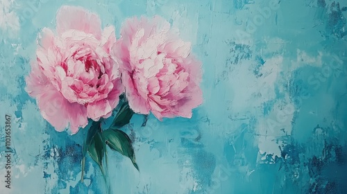 Fototapeta Naklejka Na Ścianę i Meble -  Vibrant oil painting of pink peonies set against a textured abstract blue background, ideal for adding elegance to modern interior decor.