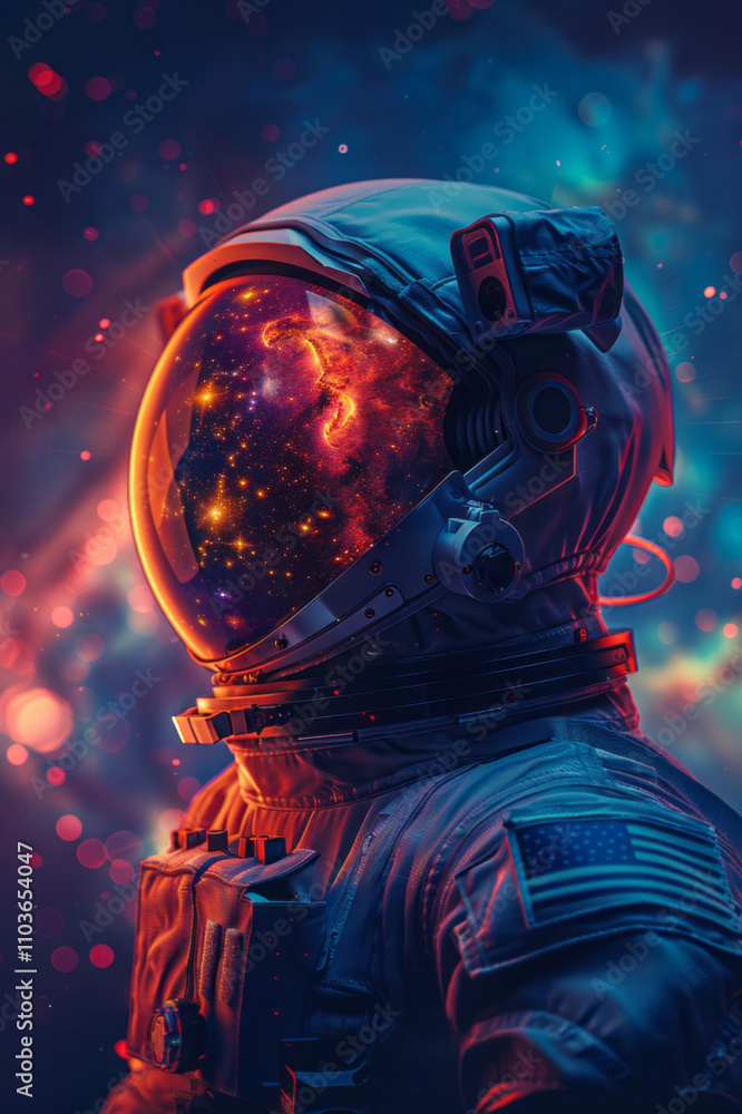 An astronaut wearing a helmet, with a space background, and a reflection of a nebula in the visor, featuring an orange and blue color palette. An astronaut wearing a helmet, with a space background, and a reflection of a nebula in the visor, featuring an orange and blue color palette.
