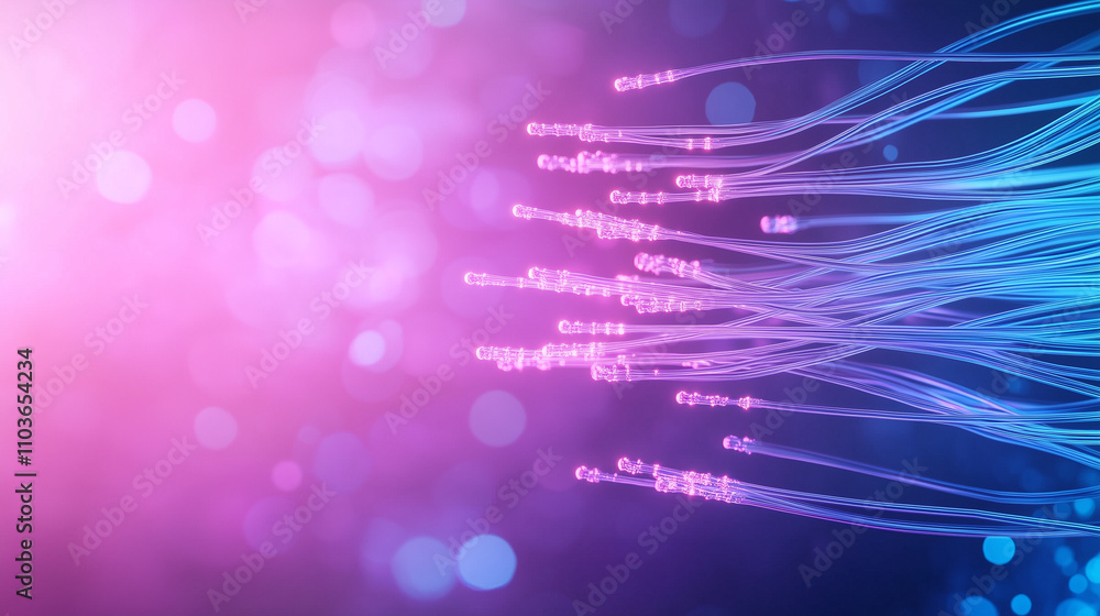Close-up of glowing fiber optic cables in vibrant blue and purple hues, symbolizing high-speed internet technology. Close-up of glowing fiber optic cables in vibrant blue and purple hues, symbolizing high-speed internet technology.