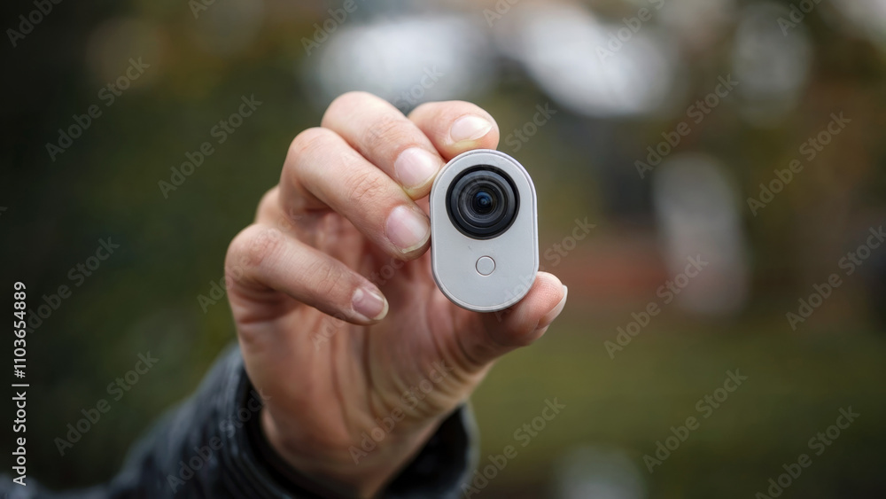 A hand holds a small, round, grey camera.. A hand holds a small, round, grey camera..