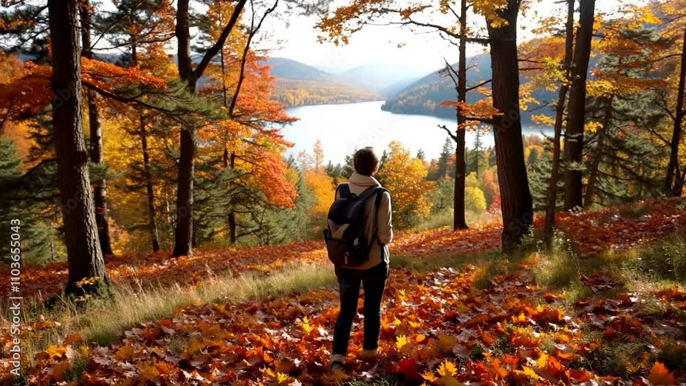 Hiker Admiring Autumn Forest and Lake View Hiker Admiring Autumn Forest and Lake View