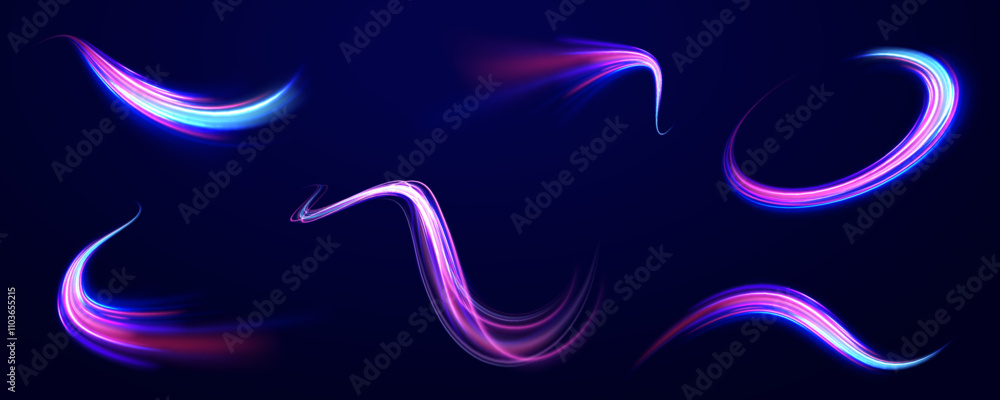 Obraz premium Racing cars dynamic flash effects city road with long exposure. Horizontal speed lines connection vector background. Futuristic dynamic motion technology blue glowing lines air flow effect. 
