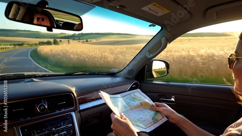 Passenger with Map on Road Trip in Sunny Countryside photo