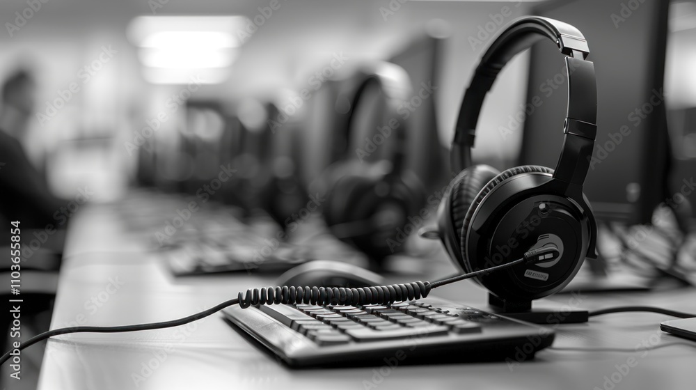 A close-up of a headset and keyboard in a tech workspace, emphasizing communication. A close-up of a headset and keyboard in a tech workspace, emphasizing communication.