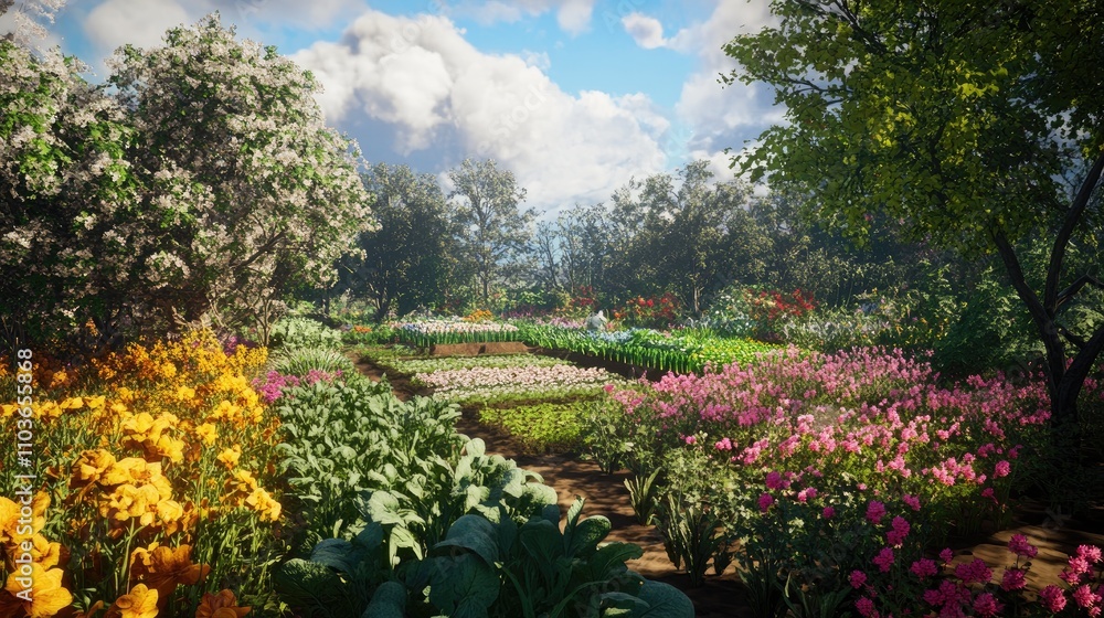 Vibrant vegetable garden interspersed with colorful seasonal flowers, showcasing the harmony of agriculture and nature under a blue sky. Vibrant vegetable garden interspersed with colorful seasonal flowers, showcasing the harmony of agriculture and nature under a blue sky.