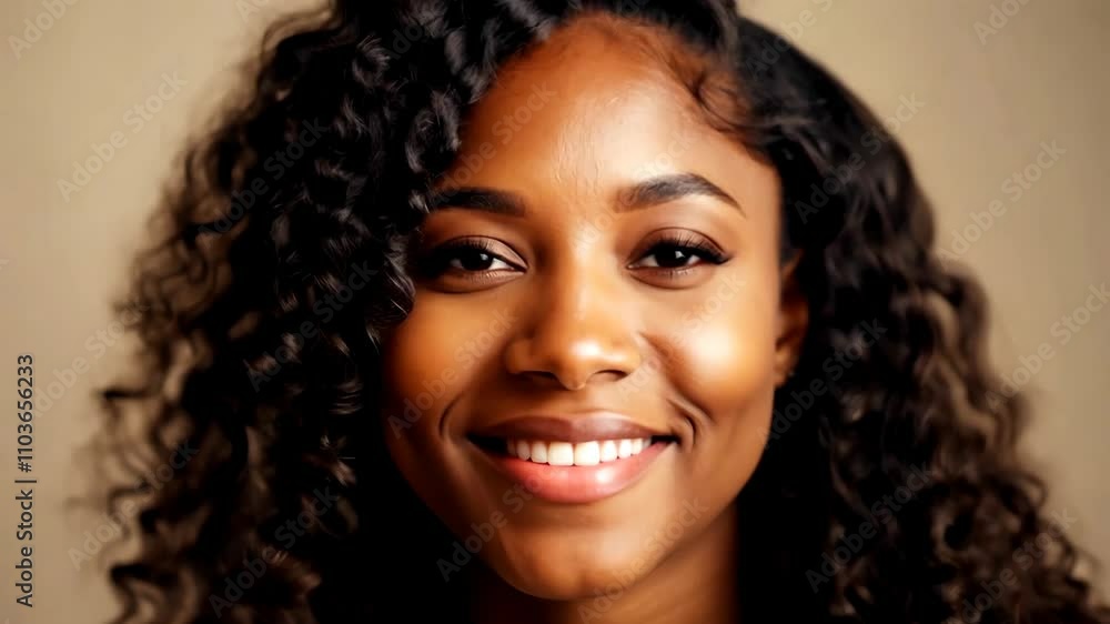 Close-up portrait of a smiling young Black woman with long curly dark hair and dark skin, looking directly at the camera against a neutral brown background Close-up portrait of a smiling young Black woman with long curly dark hair and dark skin, looking directly at the camera against a neutral brown background