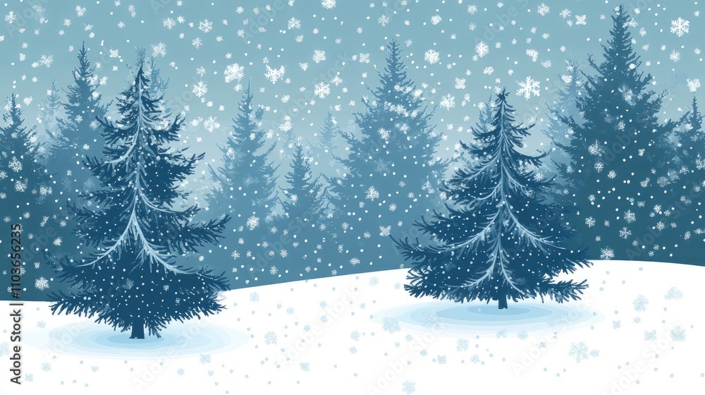 Naklejka premium Tranquil winter landscape with snow-covered fir trees surrounded by falling snowflakes, creating a serene and peaceful atmosphere.