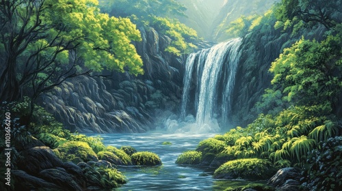 Panoramic view of a tranquil waterfall flowing into a clear pool, surrounded by vibrant greenery and lush foliage under soft sunlight.