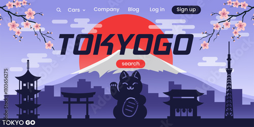 Idea for a transfer website for traveling around Japan. Horizontal silhouette of the Japanese city of Tokyo. Vector illustration