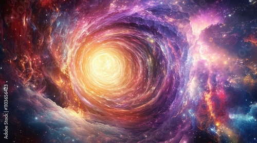 A swirling cosmic portal radiating vivid colors and an entrancing glow, enveloped in vibrant surreal designs within a mesmerizing otherworldly space.