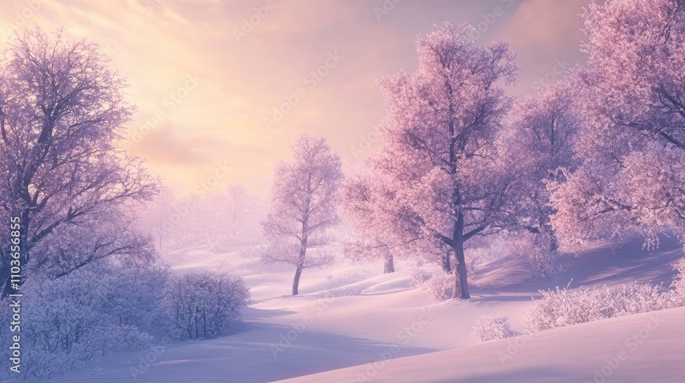 Enchanting winter scene with frosted trees and soft pastel hues illuminating a tranquil snowy landscape Enchanting winter scene with frosted trees and soft pastel hues illuminating a tranquil snowy landscape