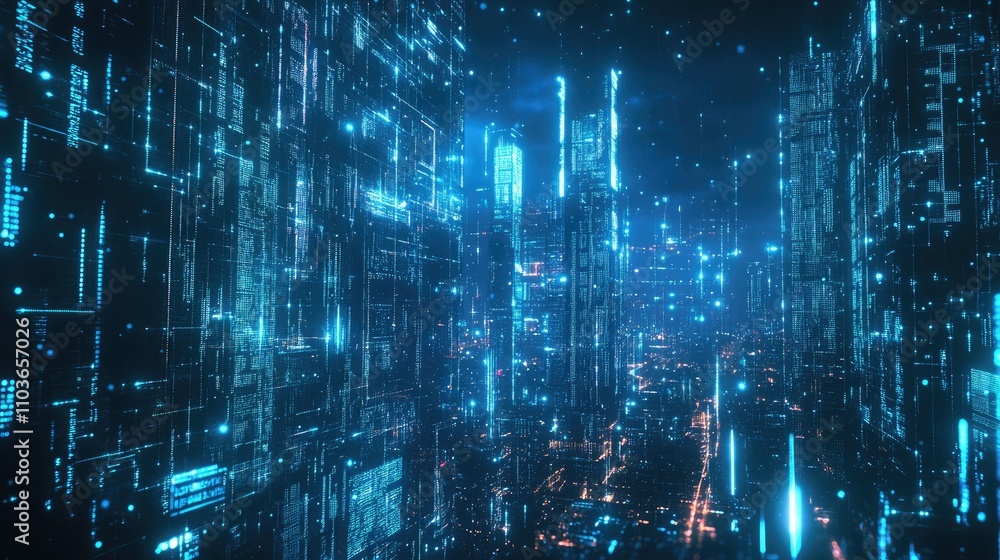 Fototapeta premium Futuristic city skyline glowing with vibrant blue light effects, showcasing digital data connections interwoven through a high-tech urban landscape.