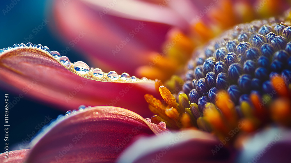 Obraz premium Dewdrops Adorn Vibrant Flower Petals Close Up