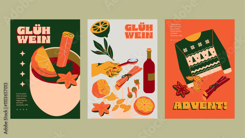 Set template Glühwein und Advent – Winterliche Illustrationen mit Glühwein Rezeptzutaten, Winterpullover  und festlicher Stimmung, für Postkarten, Poster