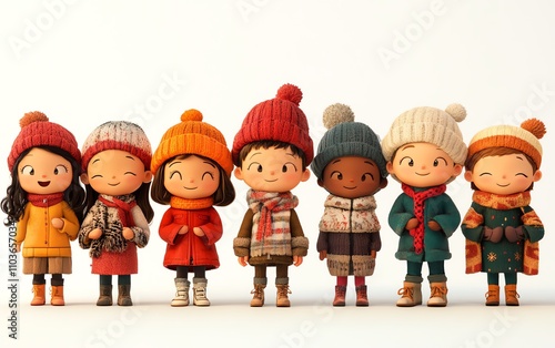 A cute cartoonstyle depiction of a diverse group of kids singing Christmas carols, dressed in cozy winter clothes, standing against a clean white background