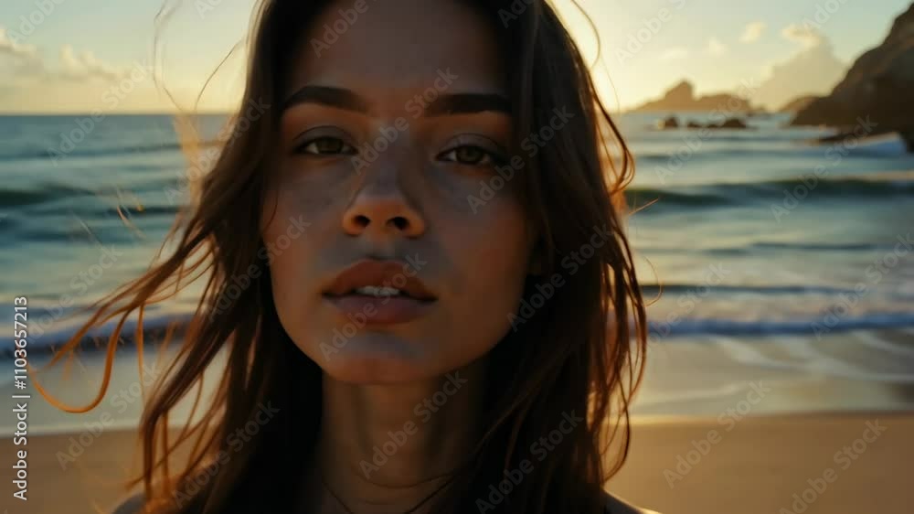 Sunset silhouette of a young woman standing on the beach with waves gently lapping at her feet Sunset silhouette of a young woman standing on the beach with waves gently lapping at her feet