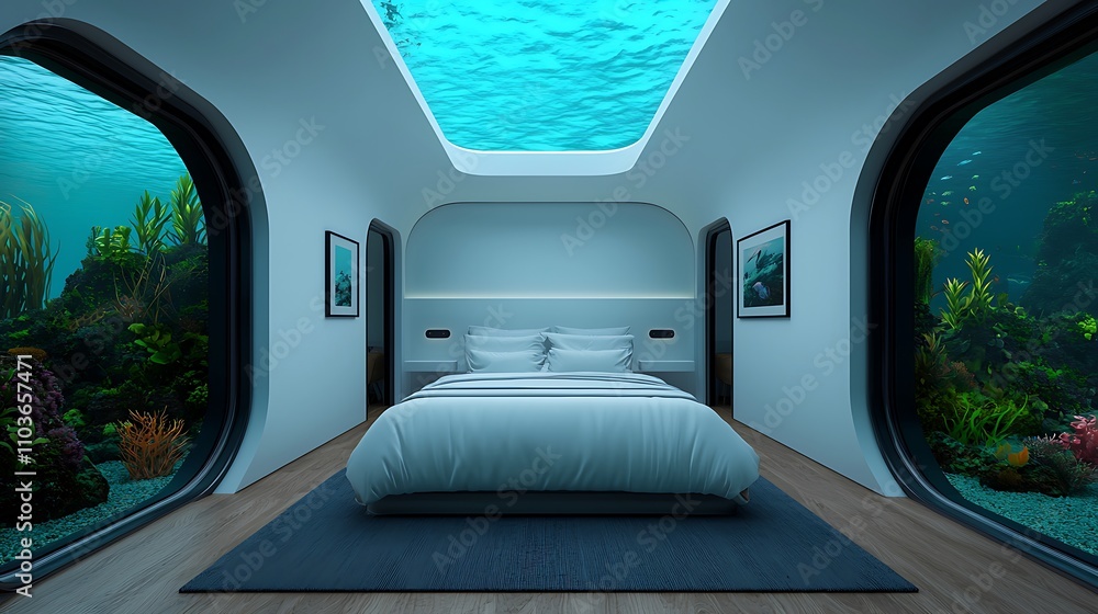 A hyper realistic architectural rendering of an underwater dome, transparent walls offering panoramic views of marine life, featuring innovative materials and eco-friendly design, capturing A hyper realistic architectural rendering of an underwater dome, transparent walls offering panoramic views of marine life, featuring innovative materials and eco-friendly design, capturing