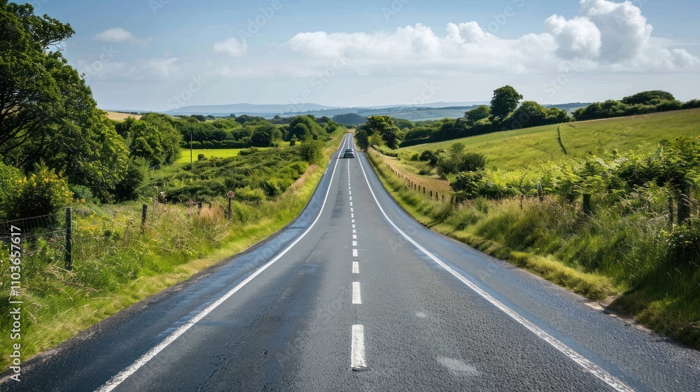 A winding road stretches through lush green fields under a bright sky. A winding road stretches through lush green fields under a bright sky.
