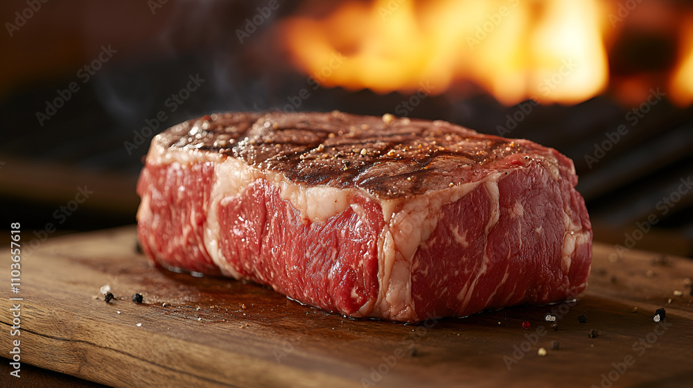 Grilled Ribeye Steak on Wooden Board Grilled Ribeye Steak on Wooden Board