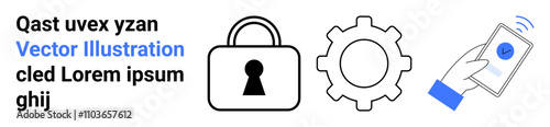 Lock representing security, gear symbolizing operations, and smartphone with a checkmark indicating verification. Ideal for technology, cybersecurity, privacy, process management, mobile apps