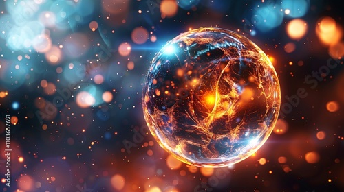 Glowing ethereal sphere of cosmic energy and digital interconnections representing innovation technology and the powerful dynamic forces shaping our future world photo