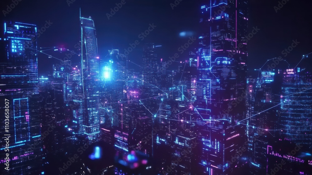 5G smart city night skyline with digital connections and neon lights 5G smart city night skyline with digital connections and neon lights