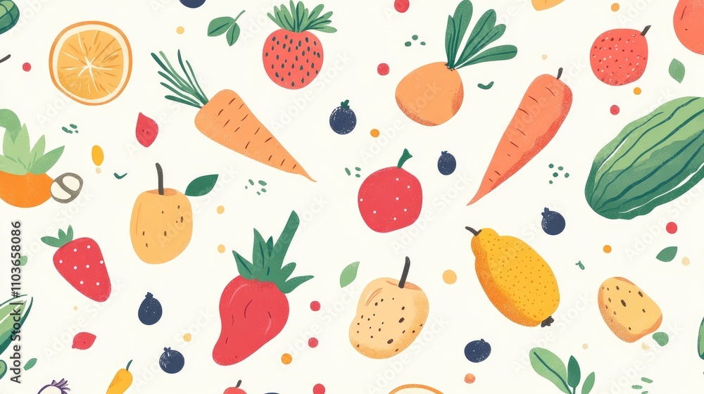 Vibrant flat lay pattern of assorted organic fruits and vegetables, including strawberries, carrots, and citrus, on a light background Vibrant flat lay pattern of assorted organic fruits and vegetables, including strawberries, carrots, and citrus, on a light background