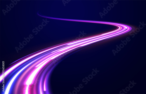Electric car and city concept Hitech communication concept innovation background. Expressway, car headlight effect. Speed connection vector background. City road car light trails motion background. 