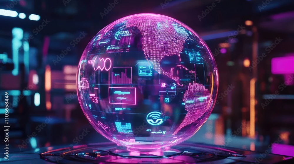 A futuristic holographic globe with floating AR icons representing various industries; mixed-media, neon overlays, high-tech theme A futuristic holographic globe with floating AR icons representing various industries; mixed-media, neon overlays, high-tech theme