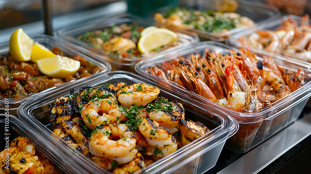 Assorted Grilled Seafood Dishes in Clear Containers Assorted Grilled Seafood Dishes in Clear Containers