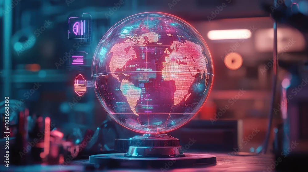 A futuristic holographic globe with floating AR icons representing various industries; mixed-media, neon overlays, high-tech theme A futuristic holographic globe with floating AR icons representing various industries; mixed-media, neon overlays, high-tech theme