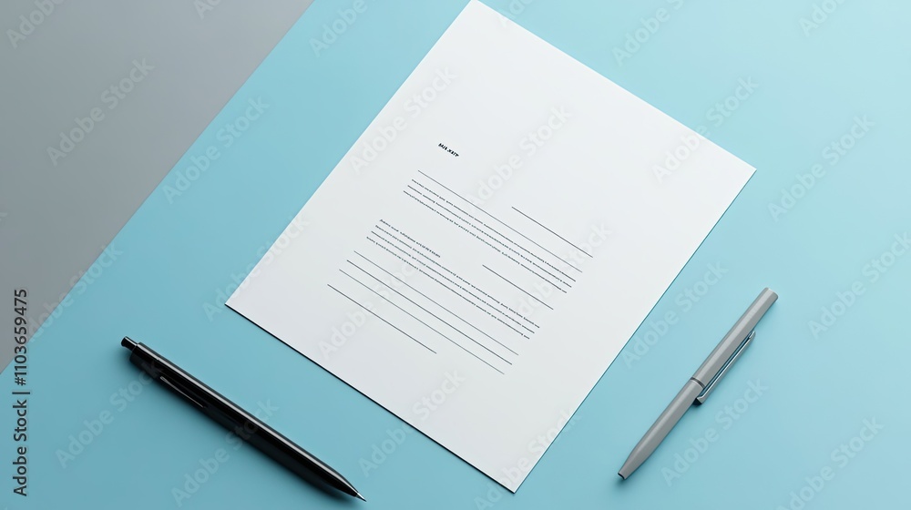 Blank White Form with Two Pens on Blue Surface Blank White Form with Two Pens on Blue Surface