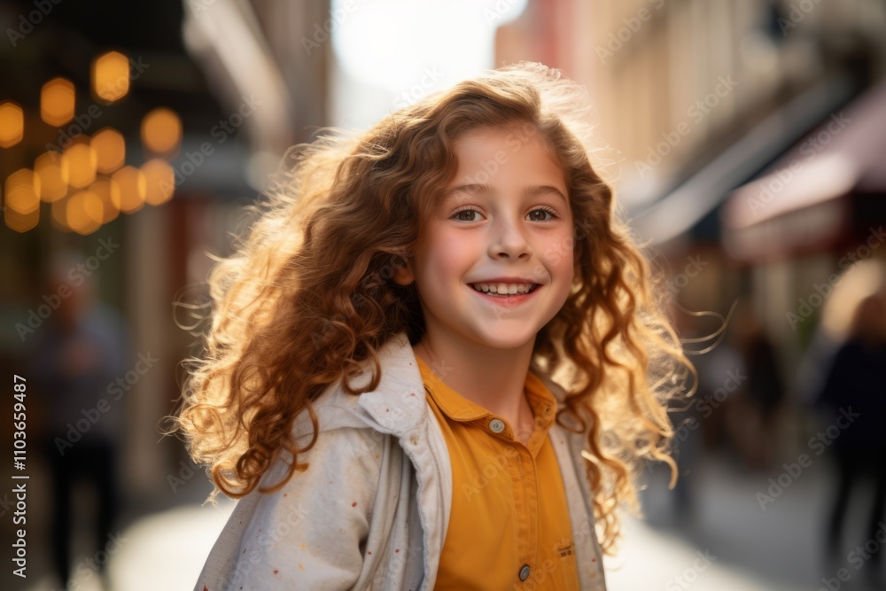 Portrait of a cute little girl with curly hair in the city Portrait of a cute little girl with curly hair in the city