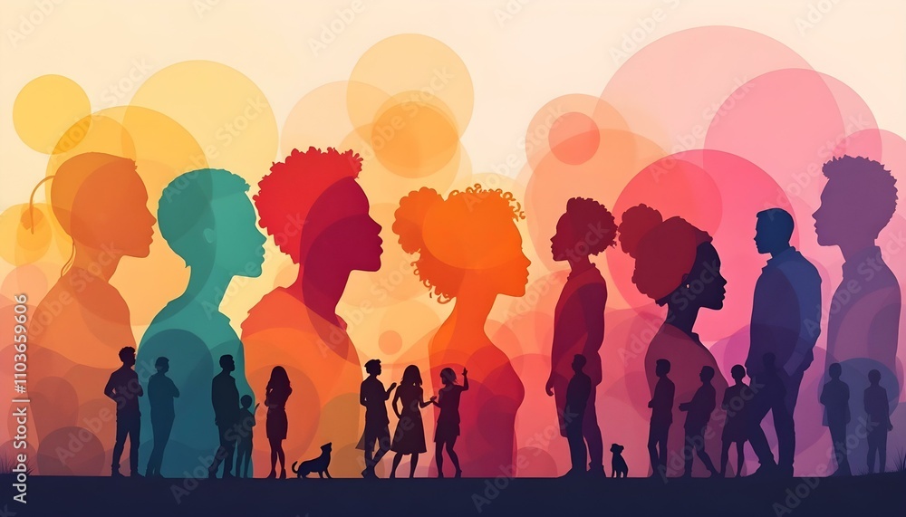 Abstract multi colored Group diversity silhouette multiethnic people from the side pose of poople Abstract multi colored Group diversity silhouette multiethnic people from the side pose of poople