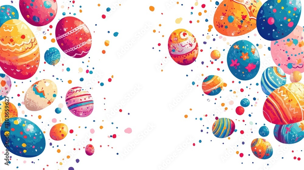 Vibrant vector design featuring a playful arrangement of colorful Easter eggs amidst cheerful dots for spring celebrations. Vibrant vector design featuring a playful arrangement of colorful Easter eggs amidst cheerful dots for spring celebrations.