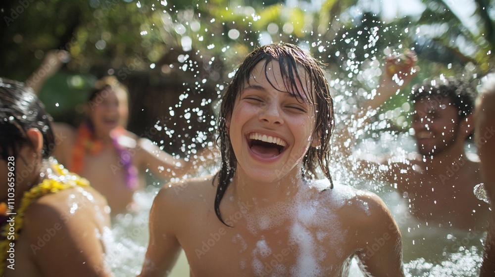 Fototapeta premium Happy teen laughing, splashing water with friends.