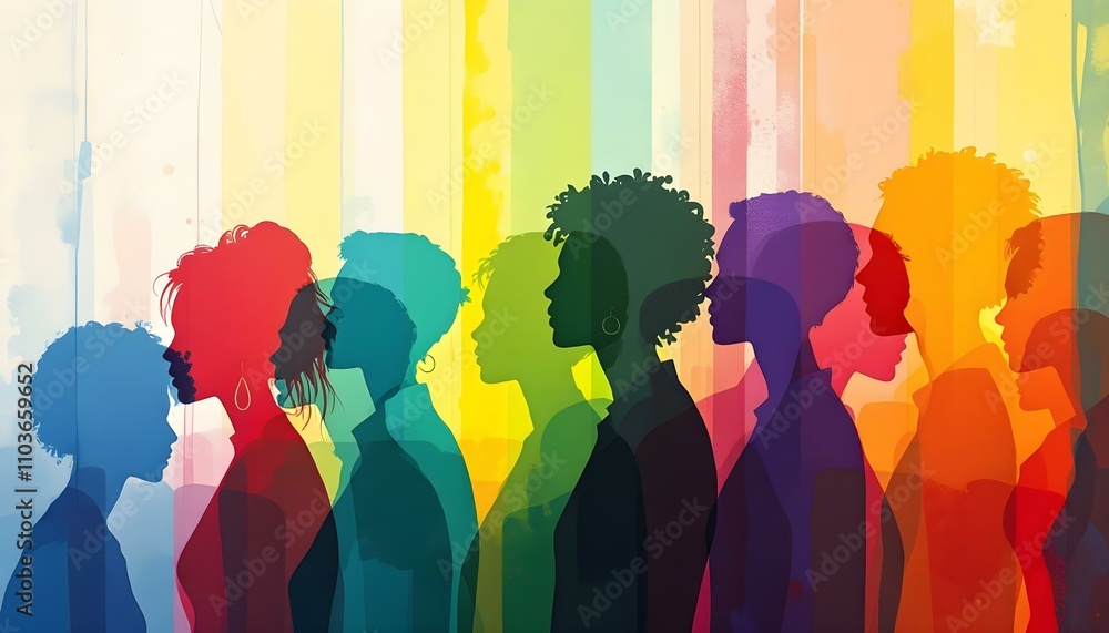 Abstract multi colored Group diversity silhouette multiethnic people from the side pose of poople Abstract multi colored Group diversity silhouette multiethnic people from the side pose of poople