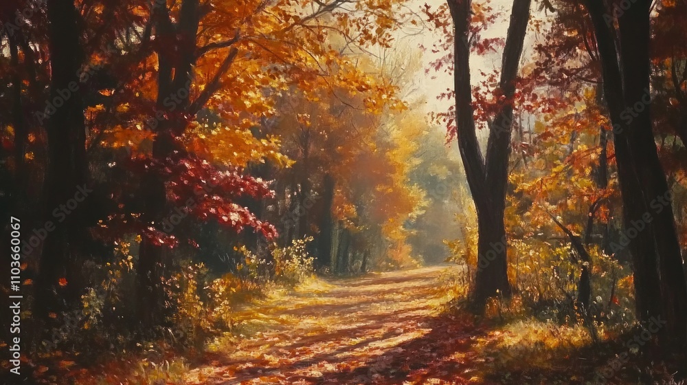Autumnal Forest Path with Vibrant Leaves and Sun-Drenched Tranquility in a Woodland Setting Autumnal Forest Path with Vibrant Leaves and Sun-Drenched Tranquility in a Woodland Setting