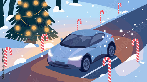 A snowy road during Christmas, featuring an EV car parked near a decorated pine tree with glowing ornaments.