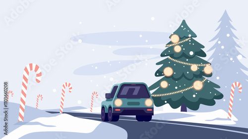 A snowy road during Christmas, featuring an EV car parked near a decorated pine tree with glowing ornaments.